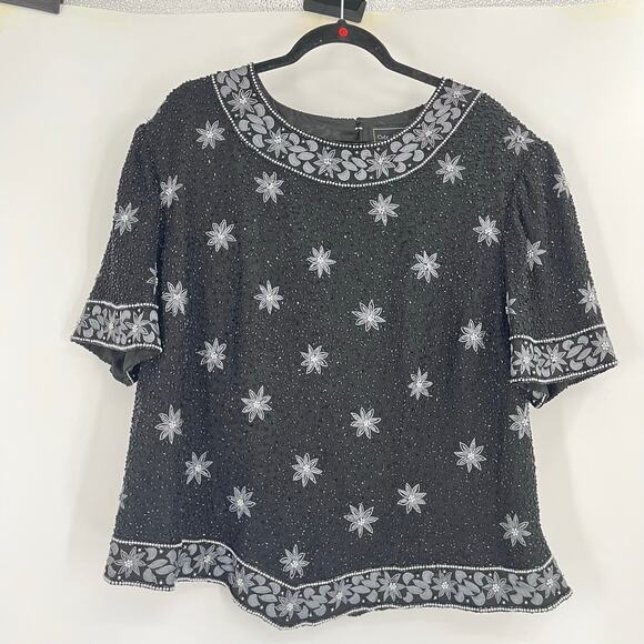 Cote d Azur Silk Beaded Flower Old Money Black Y2K Blouse Country Women’s 3X - Picture 1 of 10